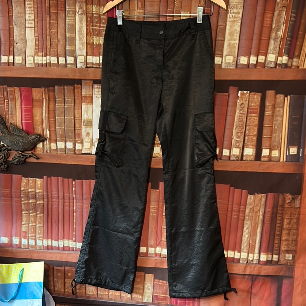 Express Black Satin Cargo Pants Y2K Utility Straight Leg Size 0